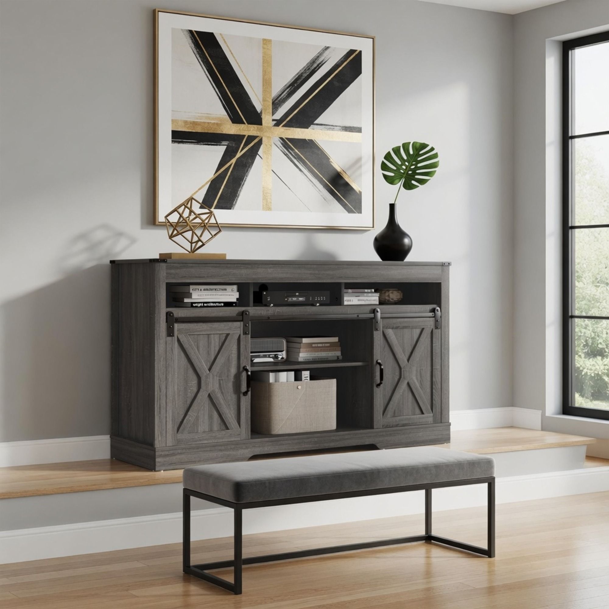 Farmhouse TV Stand With Sliding Barn Doors & Adjustable Storage by HouseOfZazla