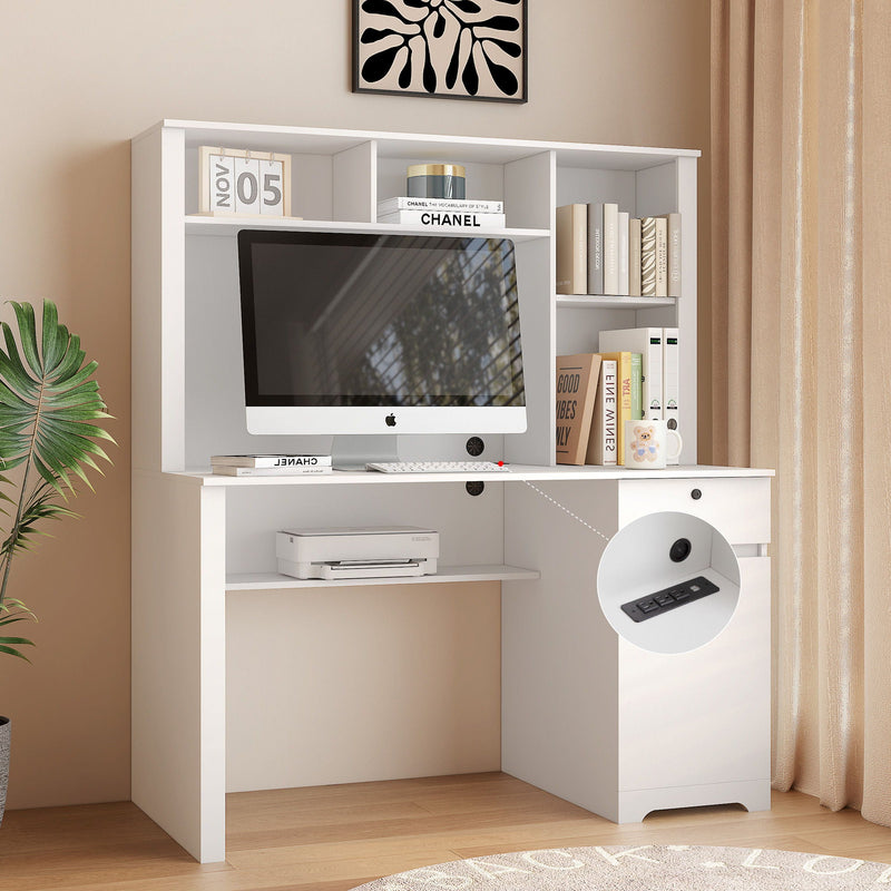 Computer Desk With Hutch & Bookshelf, Wood Executive Desk Teens Student Desk Writing Laptop Home Office Desk With Drawers, 3 Ac Outlets And 2 USB Charging Ports, Study Laptop Table For Home - White by Unique Piece Furniture