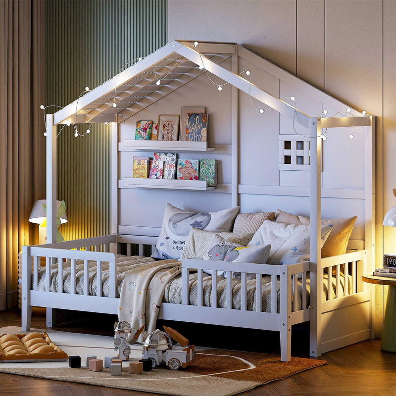 House Bed With Shelves, Window And Sparkling Light Strip On The Roof by HouseOfZazla