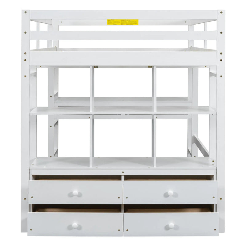 Full Size Loft Bed With Built In Desk, 2 Drawers, Storage Shelves - White