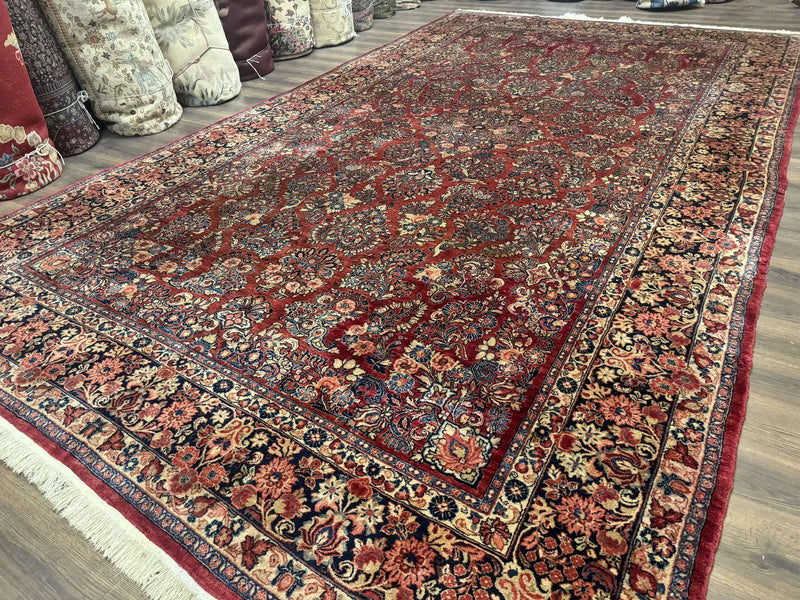 Large Persian Sarouk Rug 10x17, Palace Size Antique Persian Carpet, Red, Floral Allover, Traditional Persian Rug, Oversize Handmade Wool Rug by Jewel Rugs