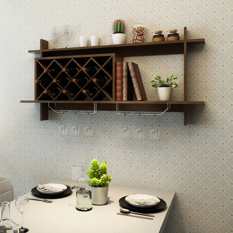 Wall Mount Wine Rack with Glass Holder & Storage Shelf-Walnut by DirectDeals