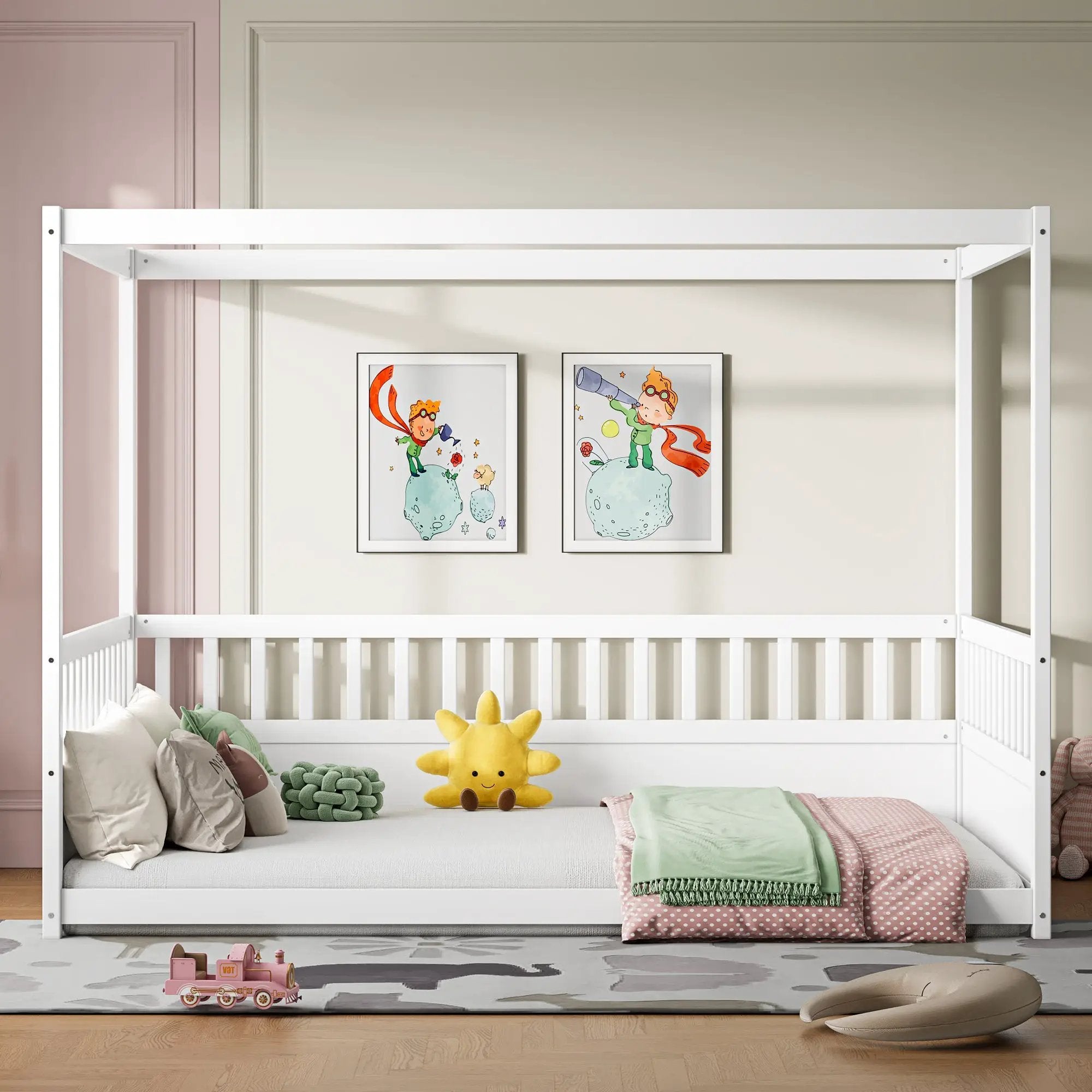 Full Size Canopy Bed Frame with Guardrails for Kids by HouseOfZazla