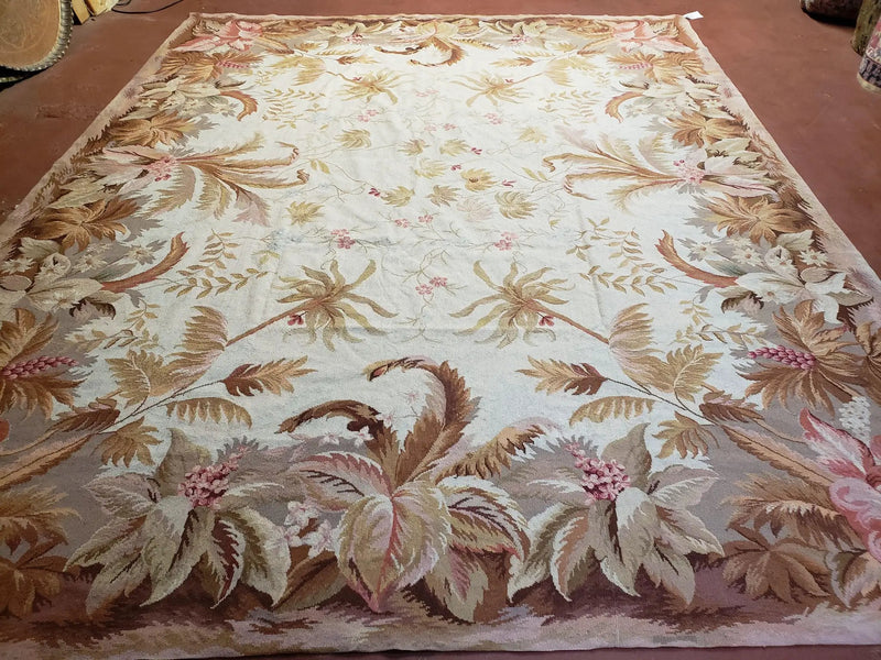 7' 7" x 9' 8" Needlepoint Rug Floral Beige Flat Weave Carpet 8x10 Handmade New Area Rug by Jewel Rugs