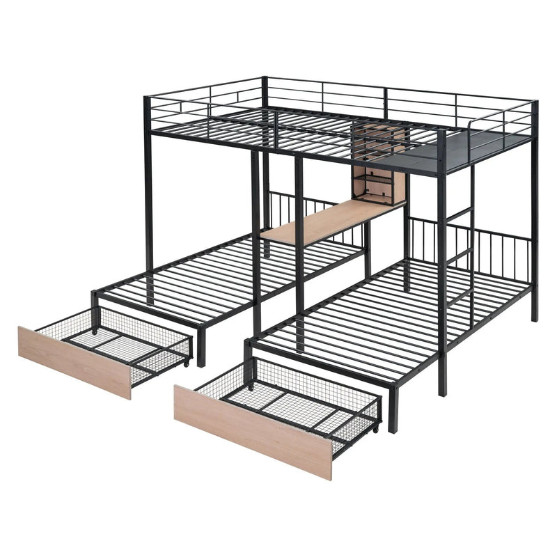 Triple Bunk Bed With Drawers, Multi-Functional Frame With Desks And Shelves In The Middle by Unique Piece Furniture