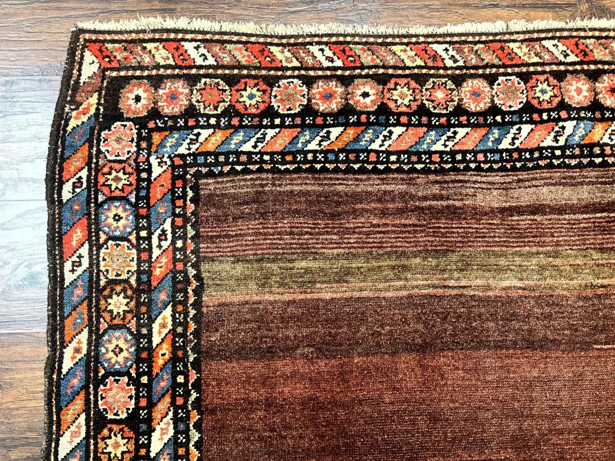 Antique Persian Rug 4x7, Sarab Tribal Wool Carpet, Brown and Multicolor, Handmade Wide Runner Rug 4 x 7, Open Field, Rainbow Border by Jewel Rugs