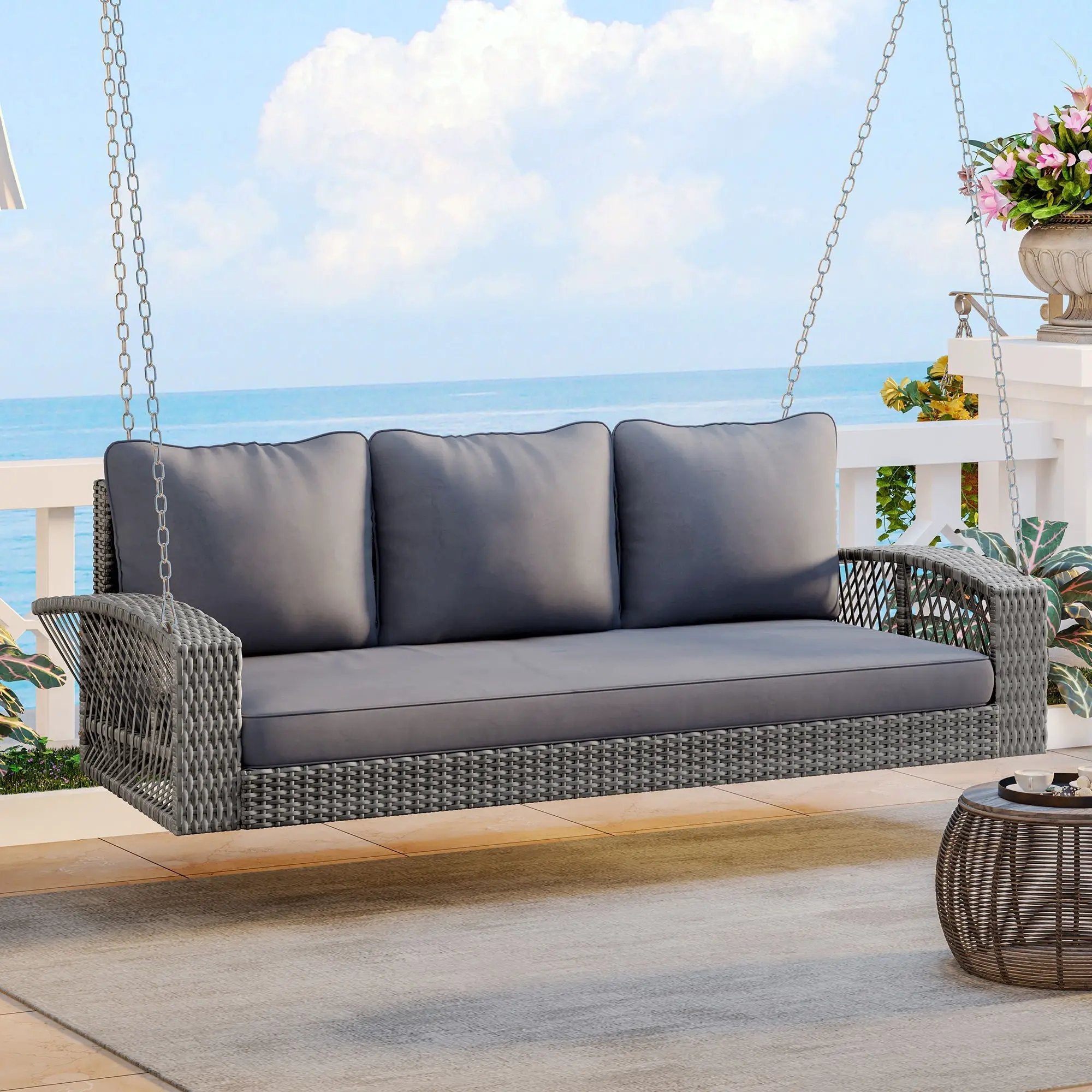 3 Person Large Patio Swing Bench With Cushions For Backyard by Unique Piece Furniture