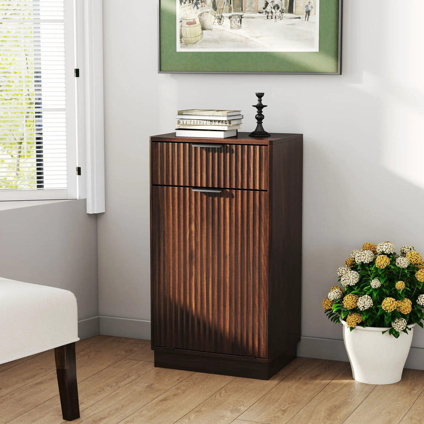 Tilt Out Trash Can Cabinet With Wave Textured Drawer & Pull Out Bin by Unique Piece Furniture