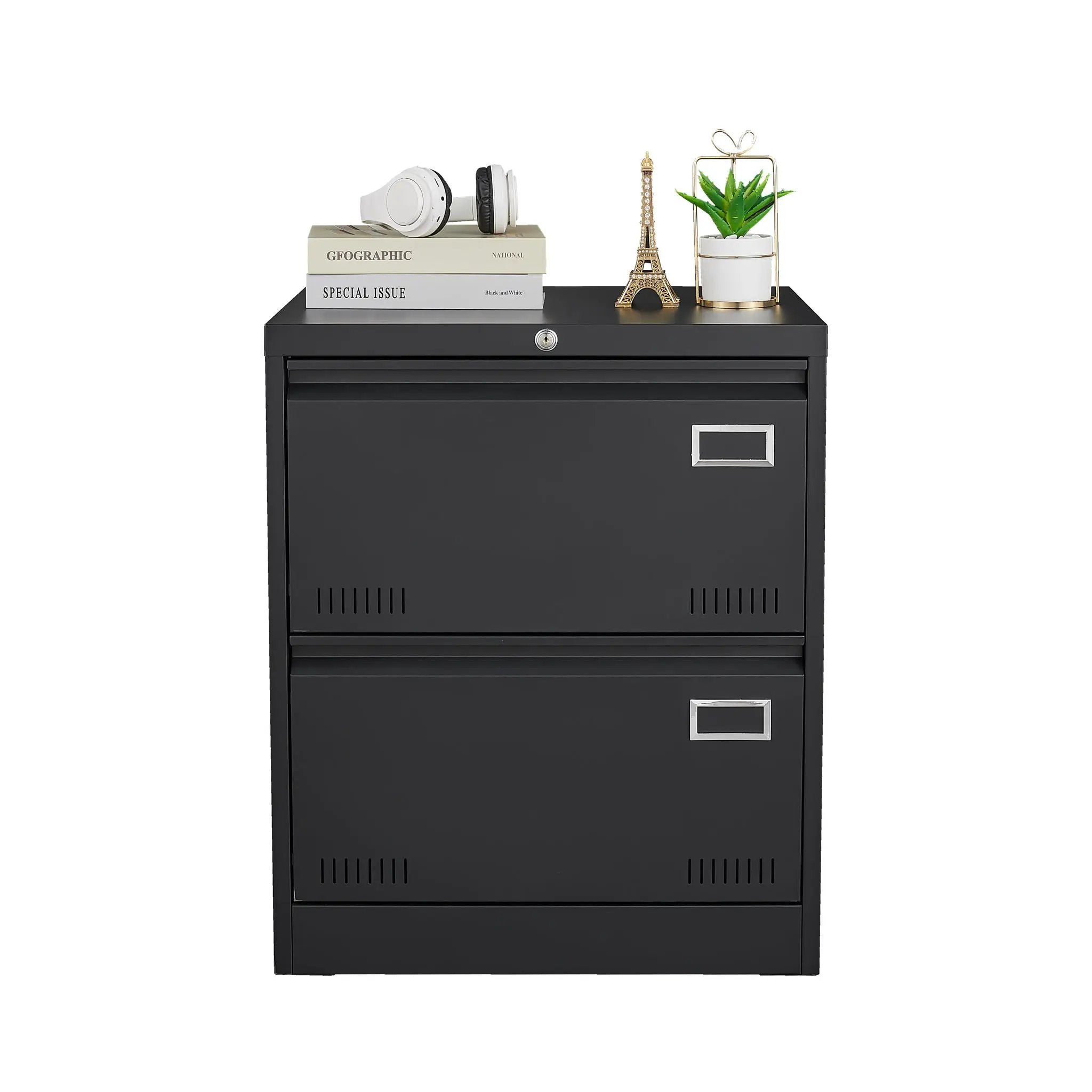 2 Drawer Metal Lateral File Cabinet With Lock, Office Vertical Files Cabinet For Home Office, Locking Metal File Cabinet - Black by HouseOfZazla