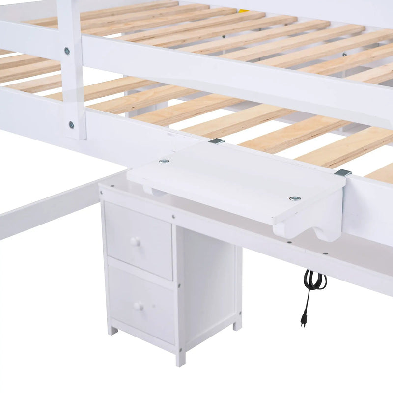Loft Bed With Desk, Cabinets, Drawers, Charging Station And Bedside Tray