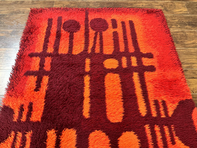 Danish Rya Shag Rug 4x6, Red Vintage Mid Century Retro Abstract Shag Rug by Jewel Rugs