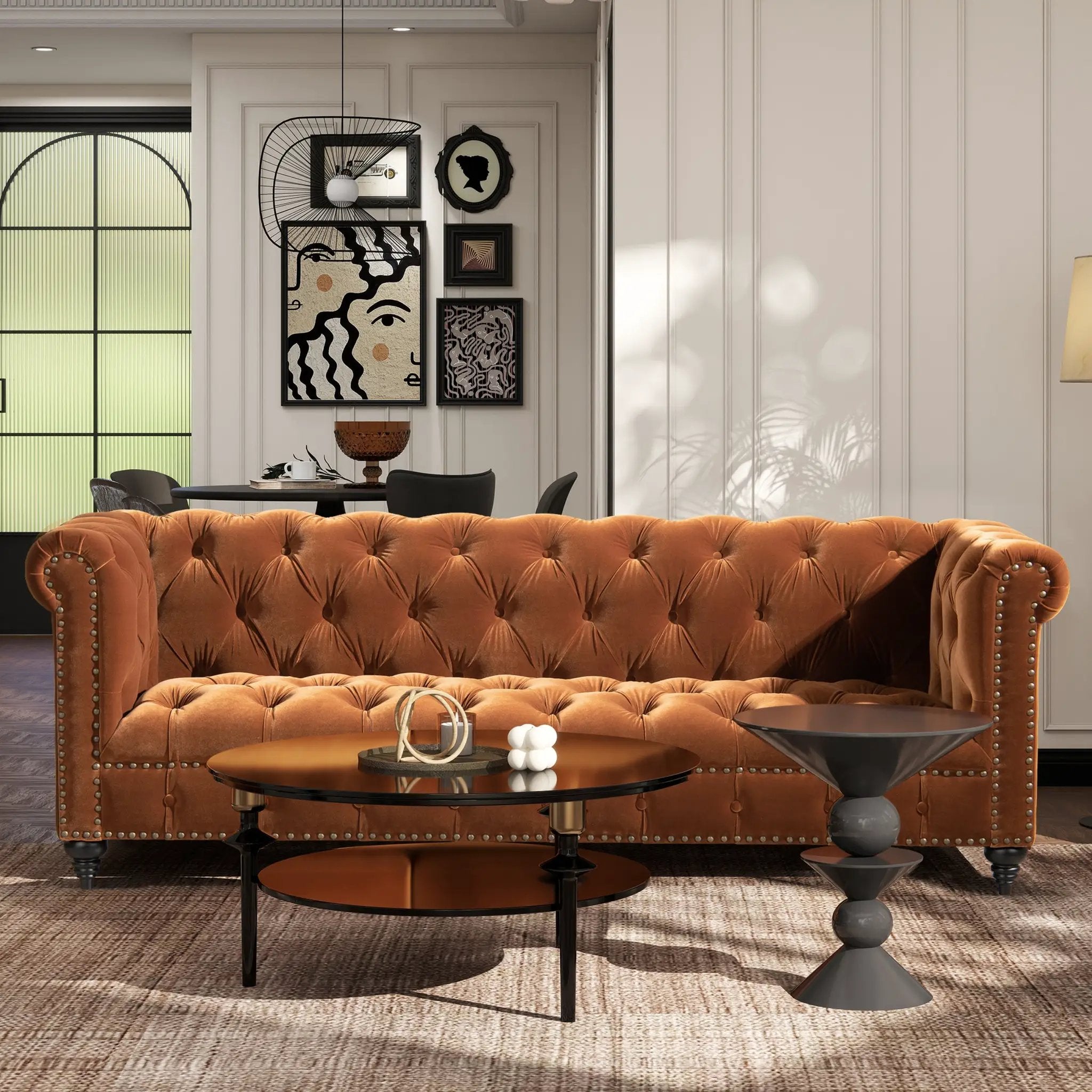 Alto 88' Tufted Chesterfield Sofa, Burnt Orange Performance Velvet by HouseOfZazla