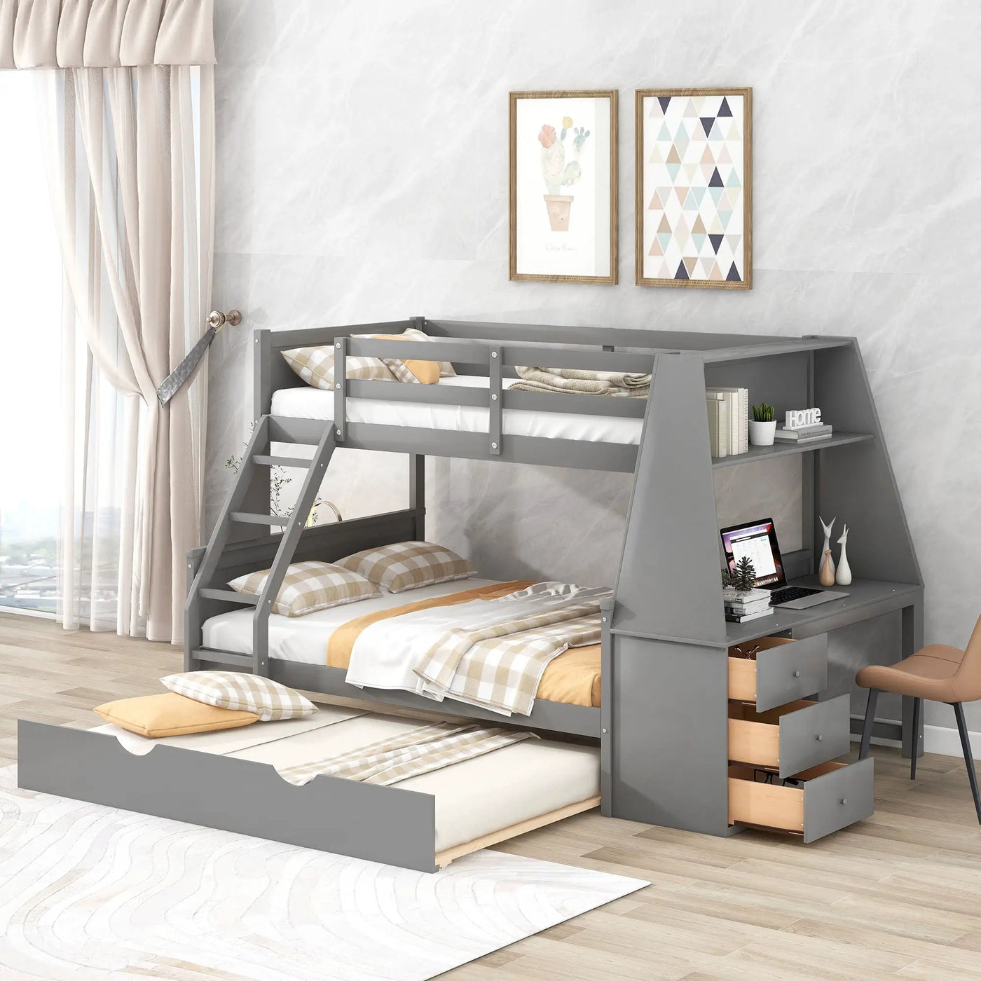 Bunk Bed With Trundle And Built In Desk, 3 Storage Drawers And Shelf by Unique Piece Furniture
