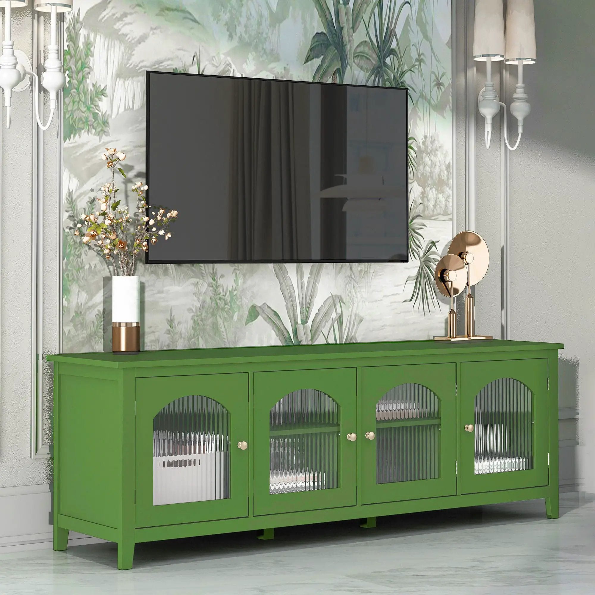 StylishTVcabinet Entertainment CenterTV Stand, TVconsoletable, Media Console, Solidwood Frame, Changhong Glass Door, Metal Handle by HouseOfZazla