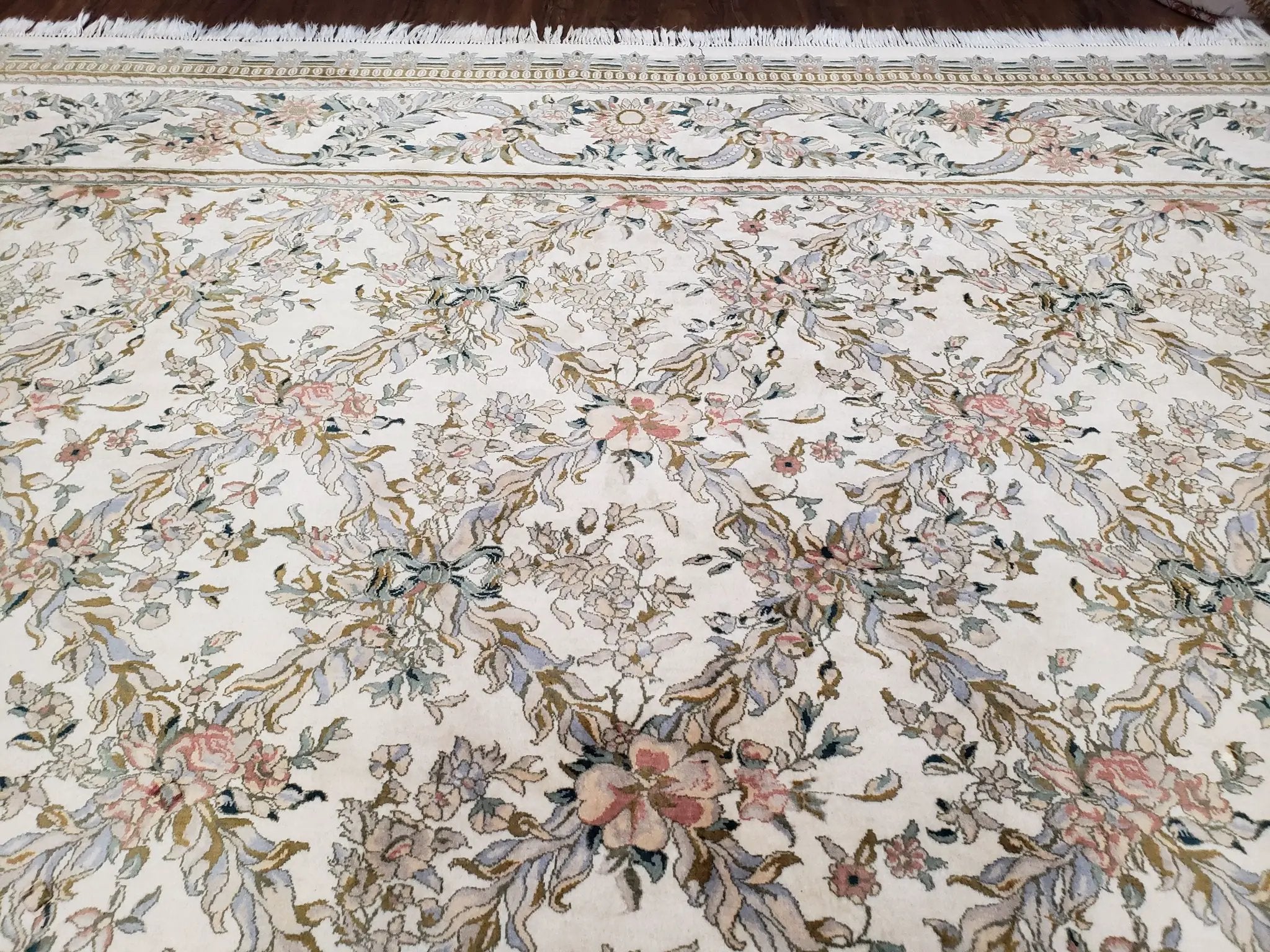 Pak Persian Floral Rug 11 x 12.6, Ivory, Very Fine, Hand Knotted by Jewel Rugs