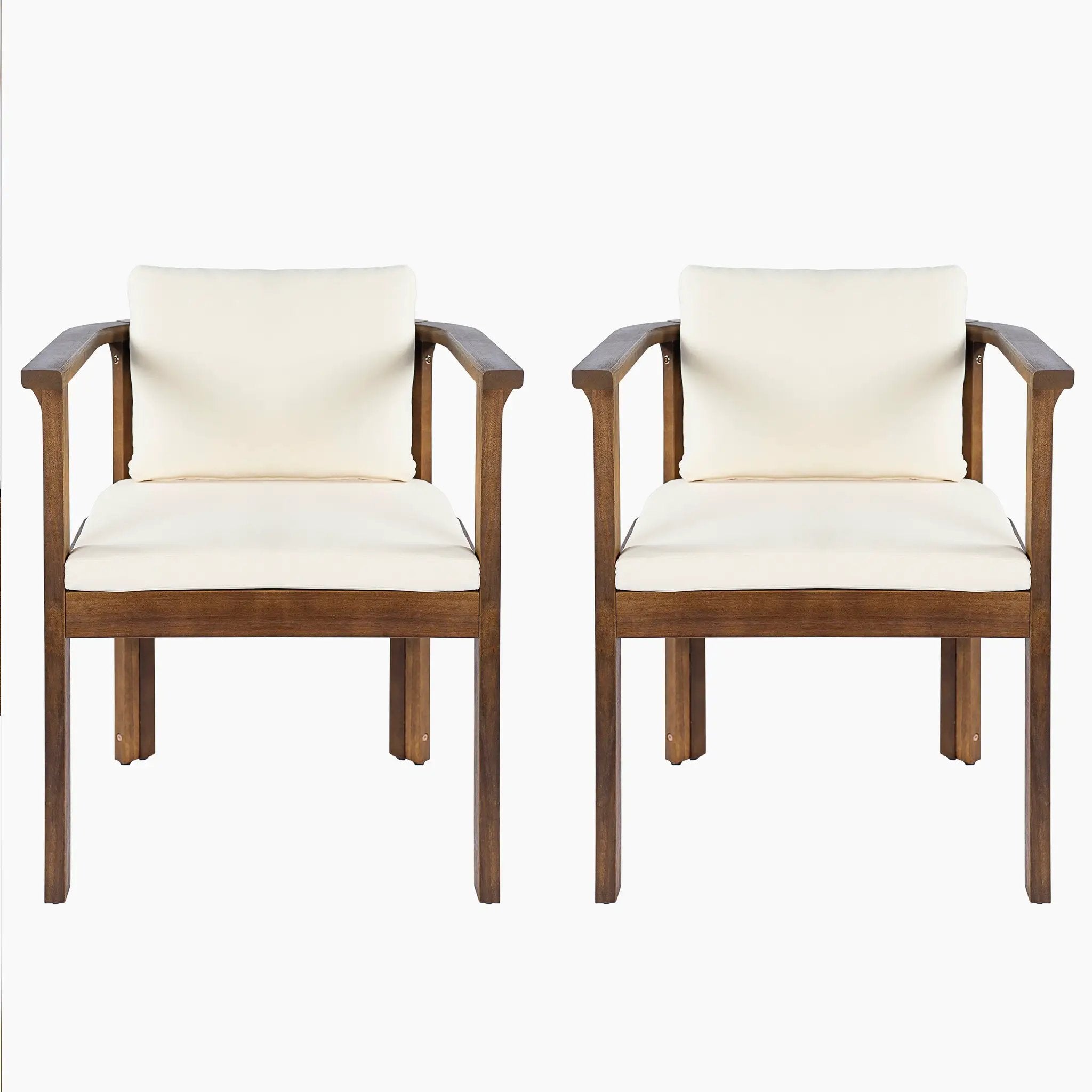 Outdoor Dining Chair Set of 2 with Curved Acacia Wood Arms, Brown Finish and Cream Cushions by HouseOfZazla