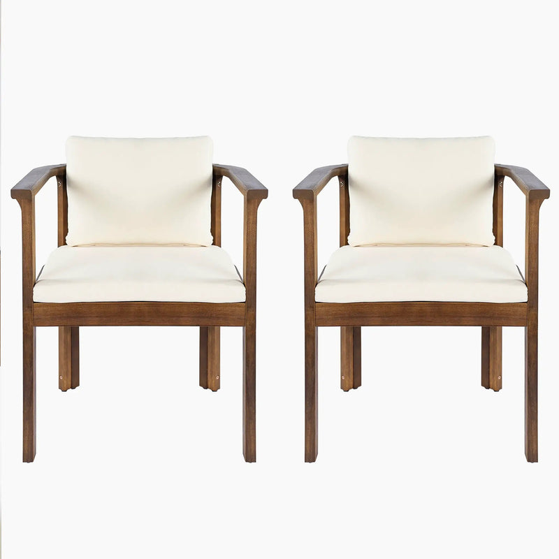 Outdoor Dining Chair Set of 2 with Curved Acacia Wood Arms, Brown Finish and Cream Cushions by HouseOfZazla