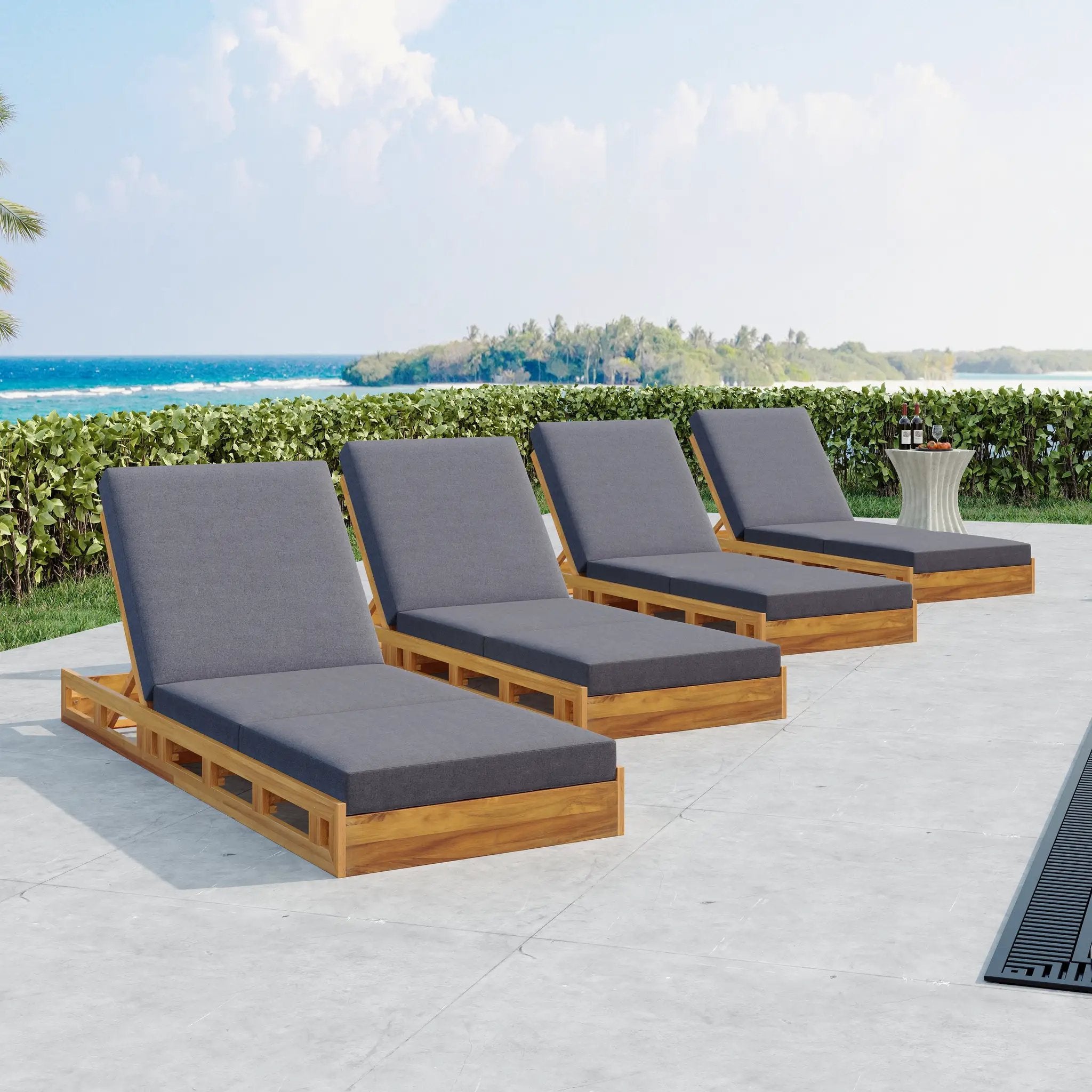Lounge Chaise Set, Acacia Solid Wood with Lounge Cushion by HouseOfZazla