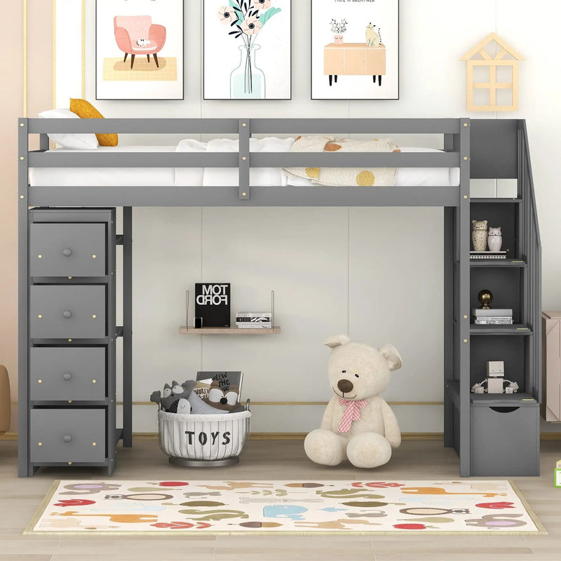 Loft Bed With Storage Drawers And Stairs With Shelves