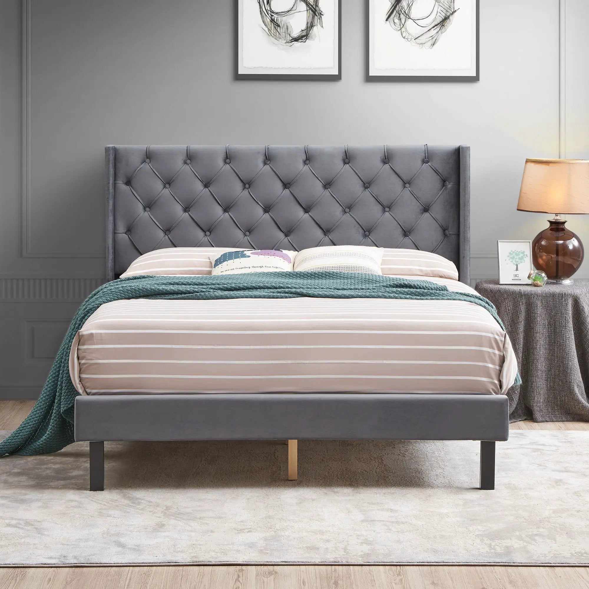 Queen Platform Tufted Upholstered Bed With Wings Design, Strong Wood Slat Support - Gray by Unique Piece Furniture