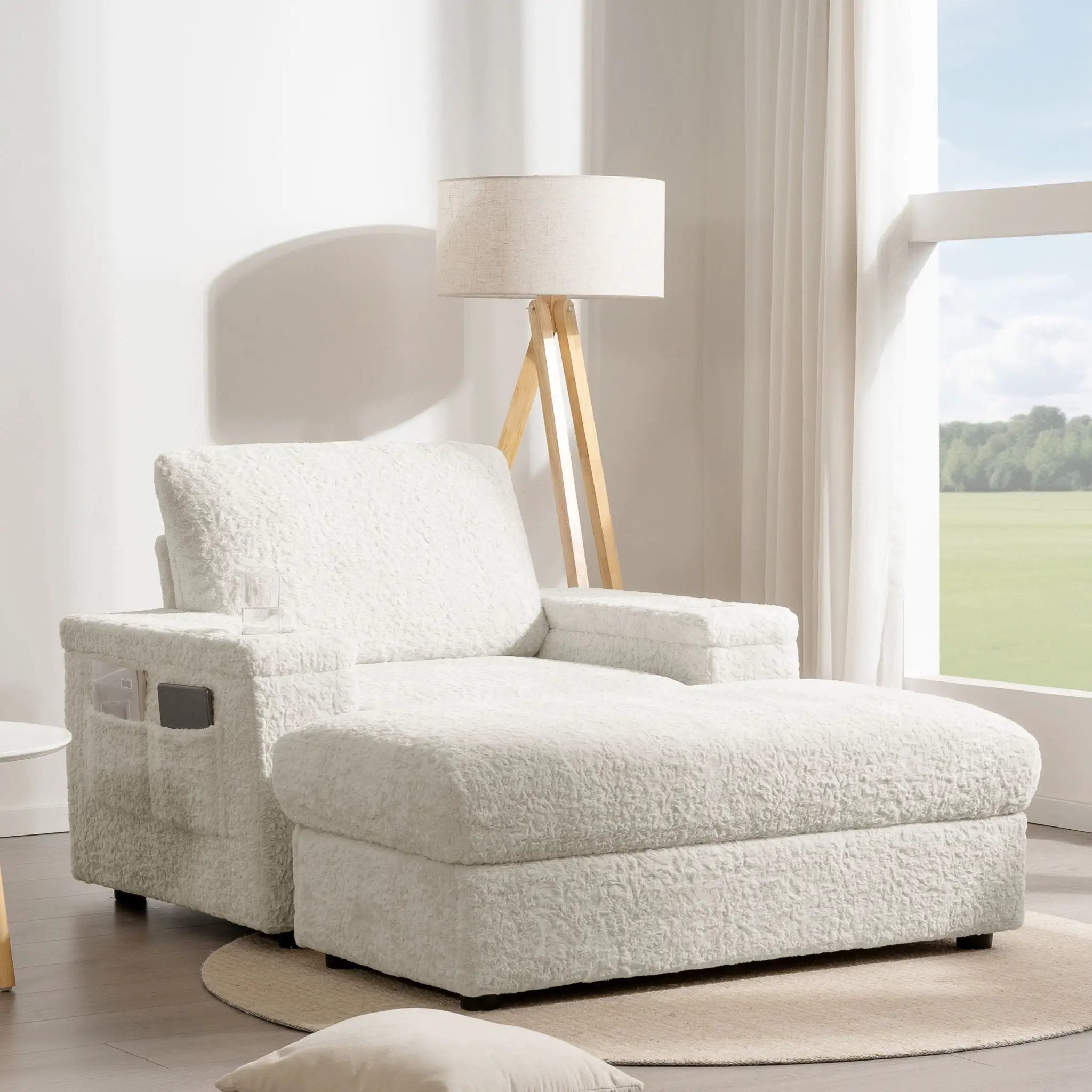 Oversized Chaise Lounge Indoor Rabbit Fur Sofa Bed With Storage Ottoman And Armrests Cup Holders With Deep Seat by HouseOfZazla