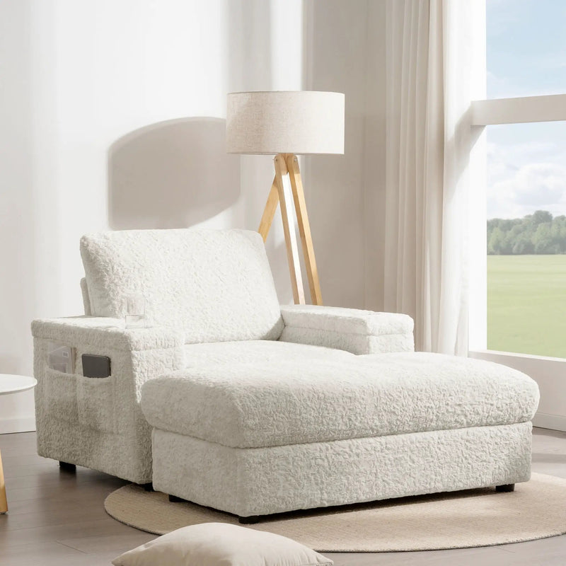 Oversized Chaise Lounge Indoor Rabbit Fur Sofa Bed With Storage Ottoman And Armrests Cup Holders With Deep Seat by HouseOfZazla