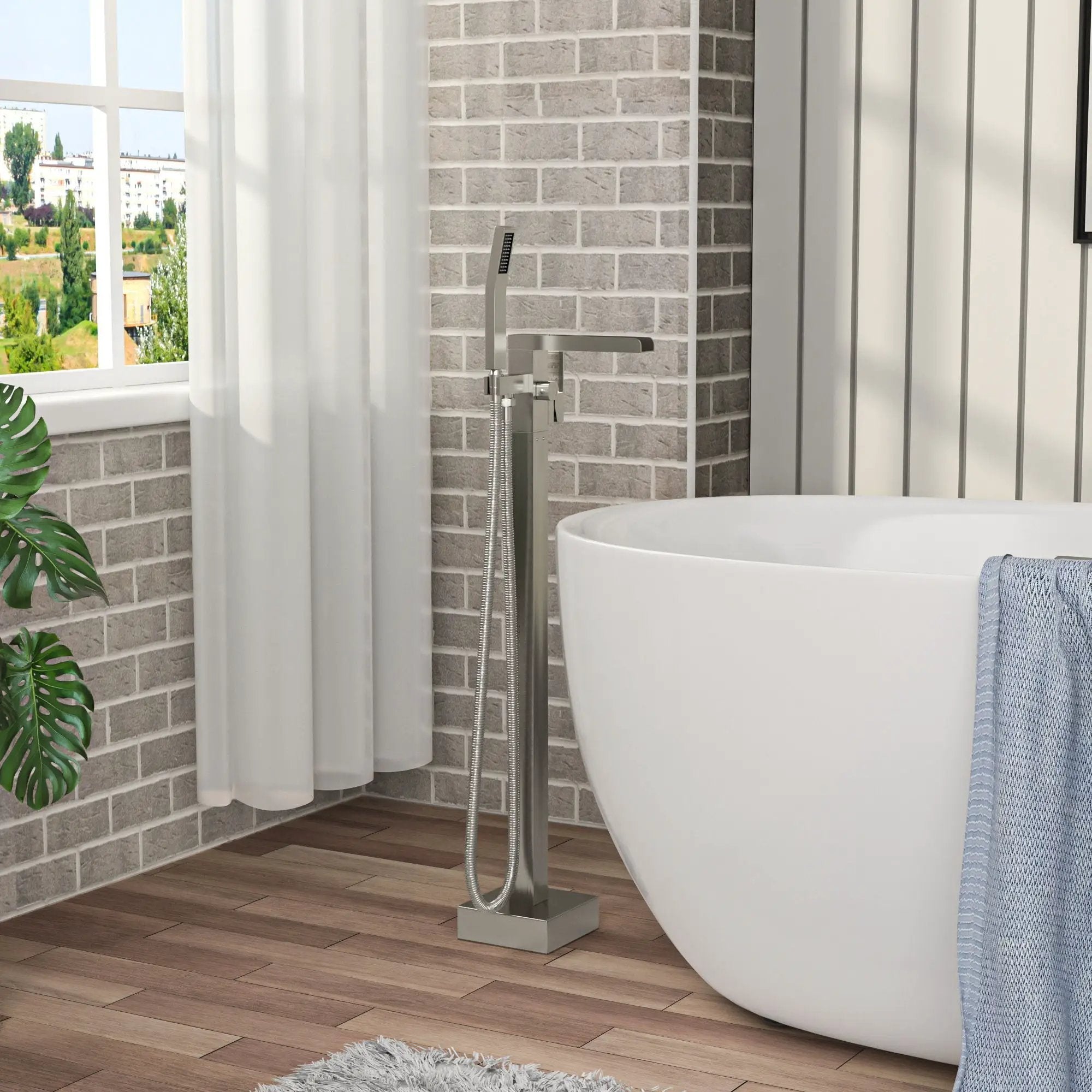 Freestanding Bathtub Faucet Waterfall Tub Filler Floor Mount Solid Brass With Hand Shower - Brushed Nickel by HouseOfZazla