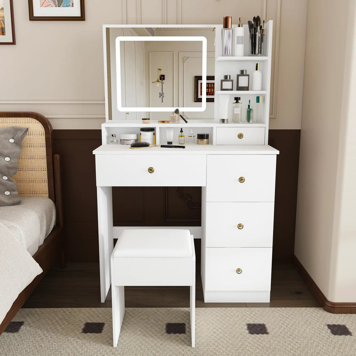 Fashion Vanity Desk with Mirror & 3-Color Dimmable LED Lights by HouseOfZazla