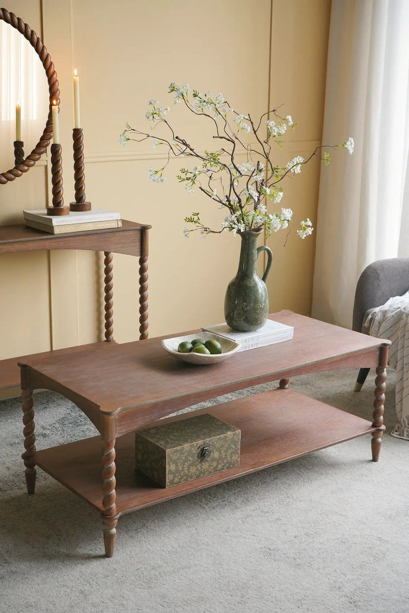 Rustic Brown Wood Coffee Table with Turned Spiral Legs and Lower Shelf by HouseOfZazla