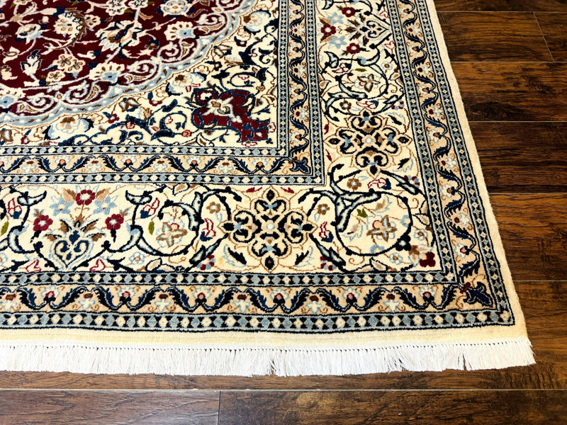 Persian Nain Rug 8x11, Wool and Silk Highlights, Burgundy & Ivory by Jewel Rugs