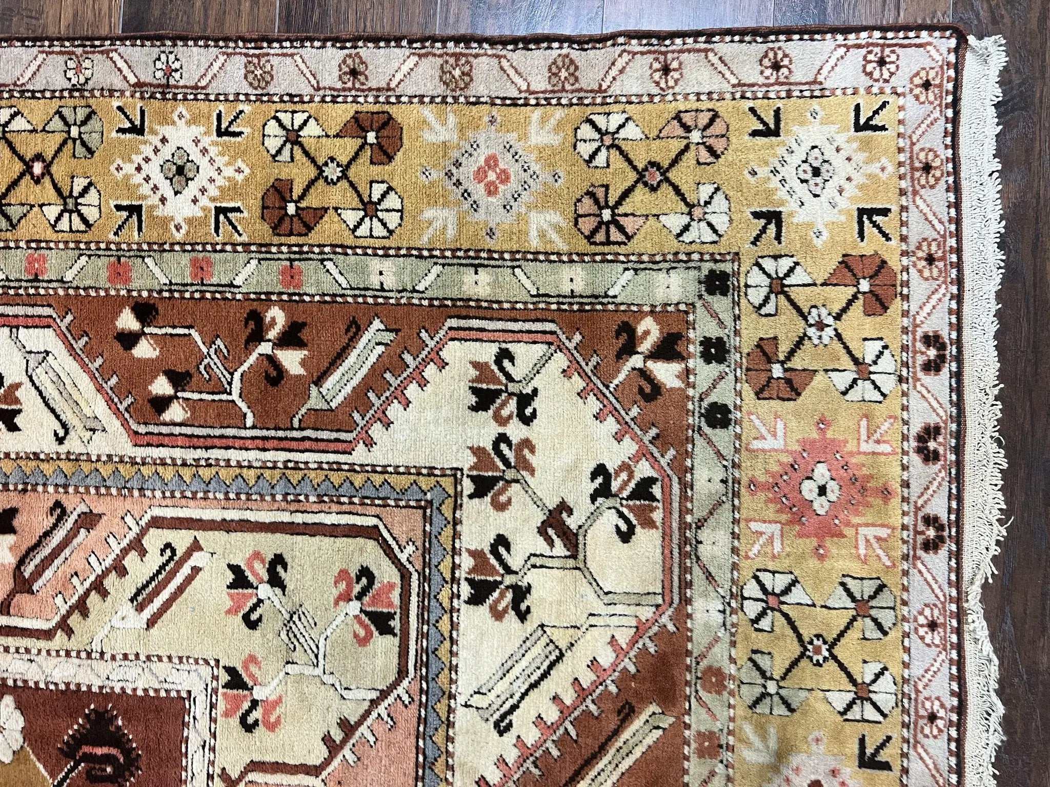 Turkish Rug 7x10, Wool Hand Knotted Vintage Carpet, Geometric Kazak Pattern by Jewel Rugs