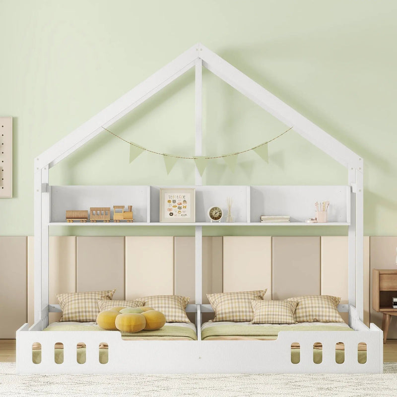 Twin Size Platform Bed With Shared Design, Guardrails, And Built In Shelves - Creamy White by Unique Piece Furniture