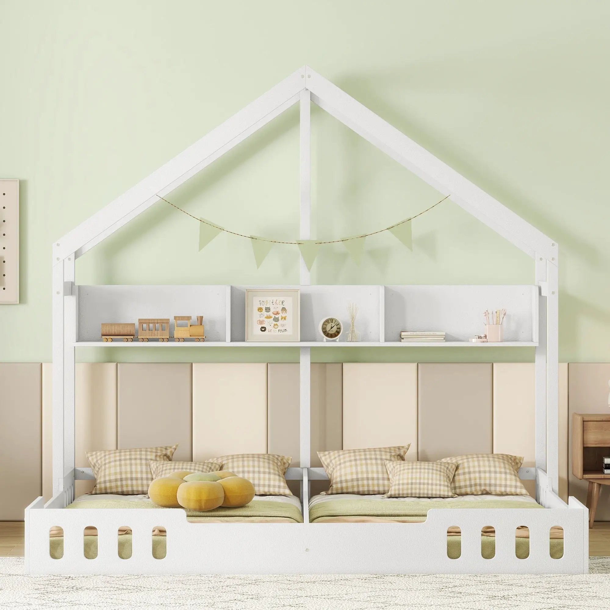 Twin Size Platform Bed With Shared Design, Guardrails, And Built In Shelves - Creamy White by HouseOfZazla