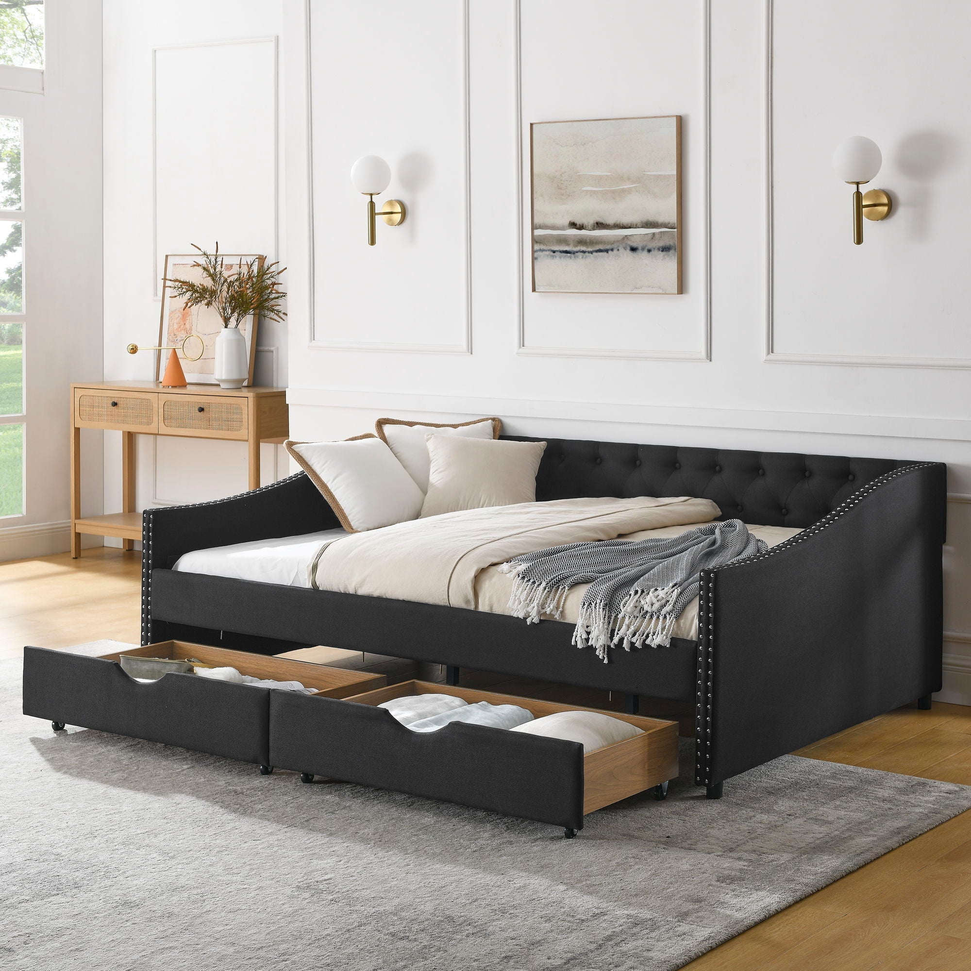 Upholstered Tufted Daybed With 2 Drawers, Waved Arms by Unique Piece Furniture