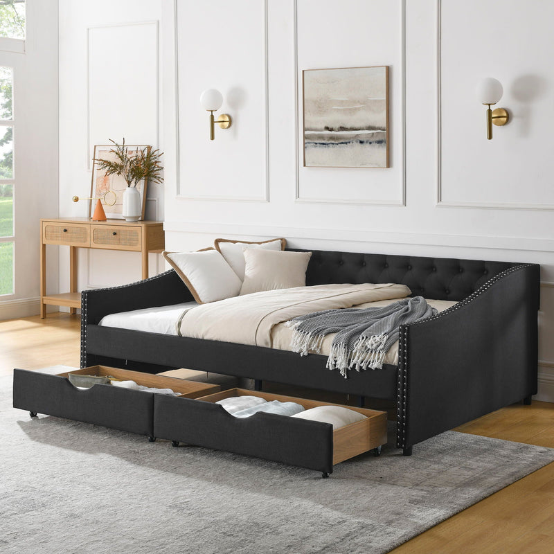 Upholstered Tufted Daybed With 2 Drawers, Waved Arms by Unique Piece Furniture