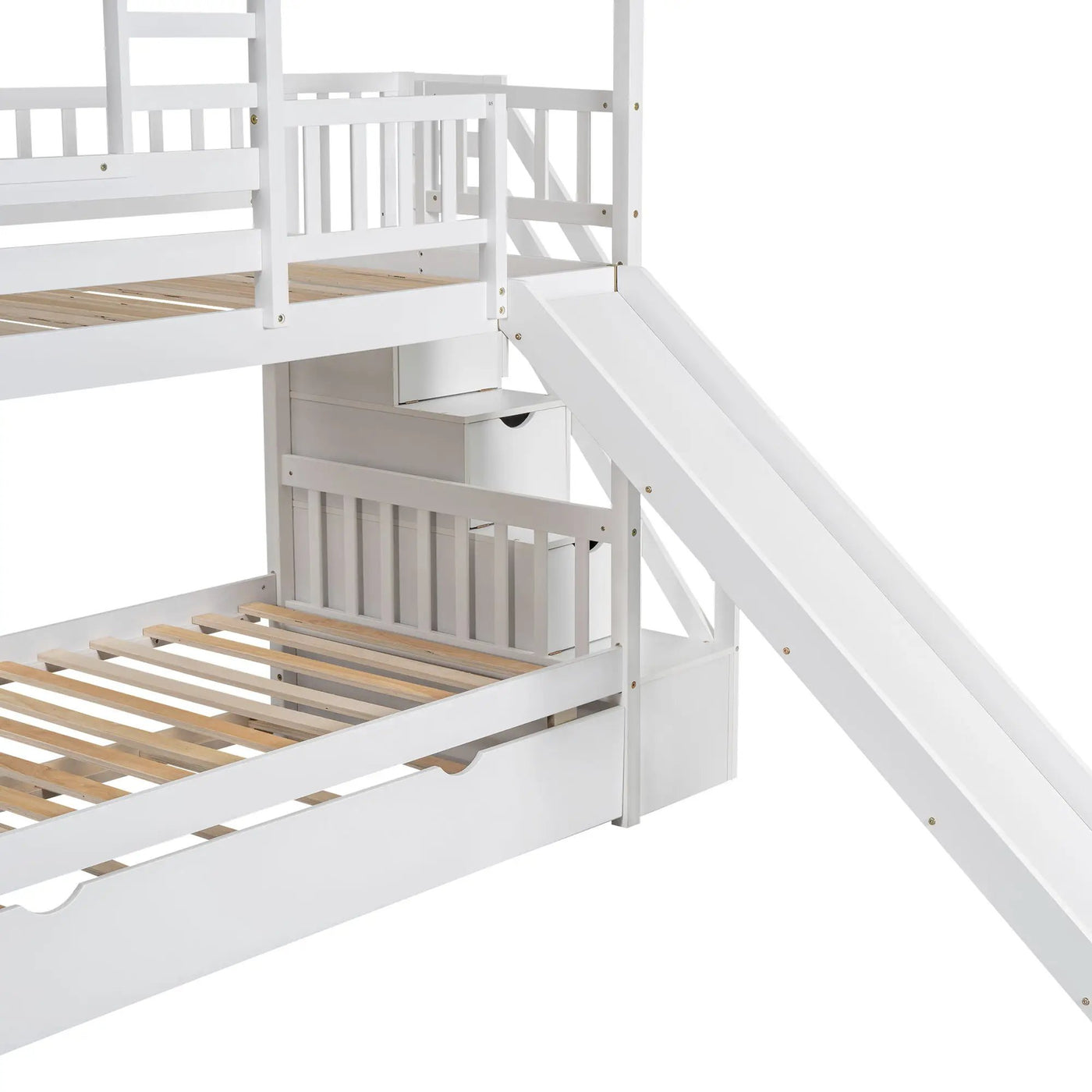 House Bunk Bed With Trundle, Storage Staircase, Roof And Window Design by HouseOfZazla