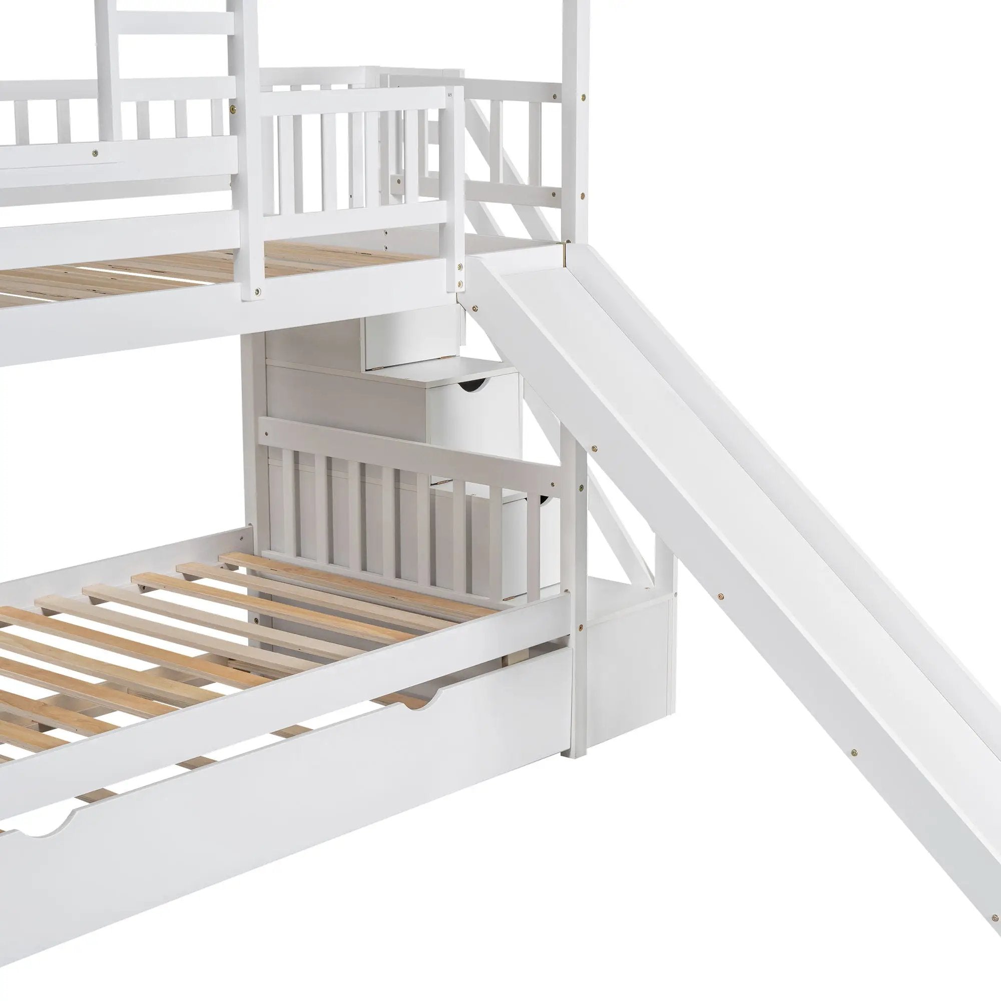 House Bunk Bed With Trundle, Storage Staircase, Roof And Window Design by HouseOfZazla