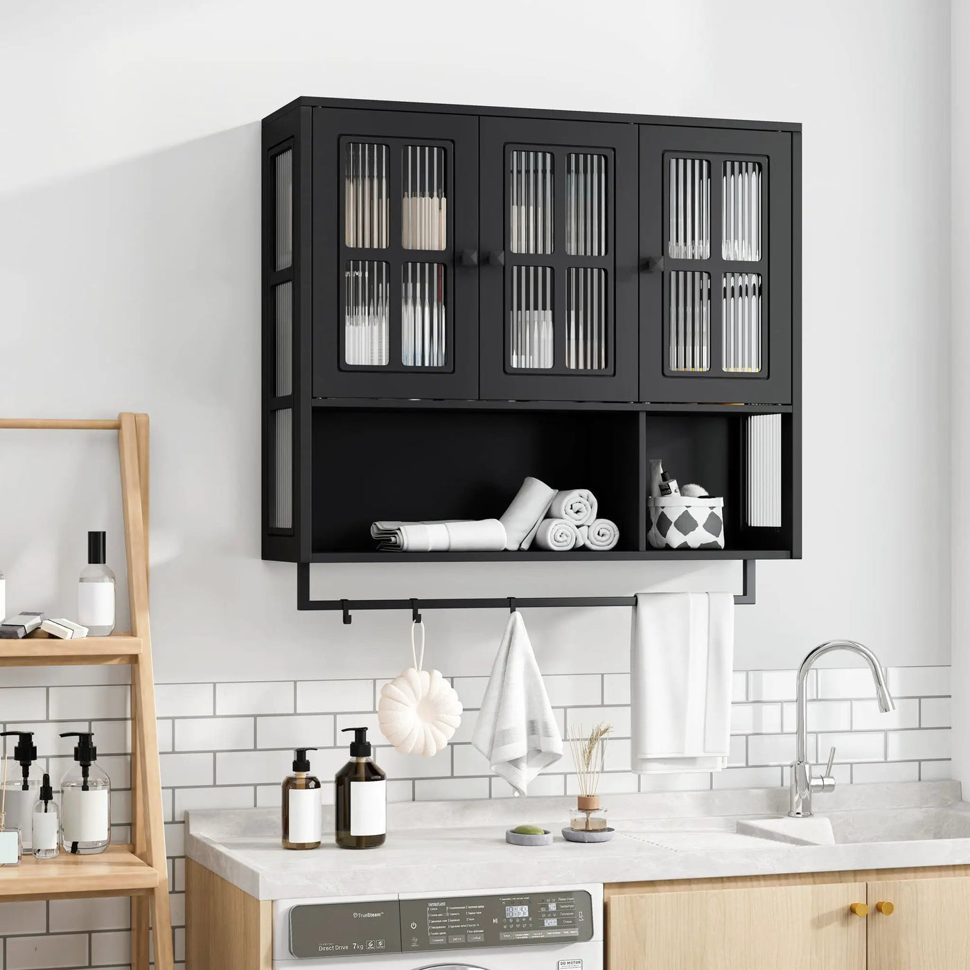 3 Door Wall Cabinet With Glass Door And Towel Bar by Unique Piece Furniture