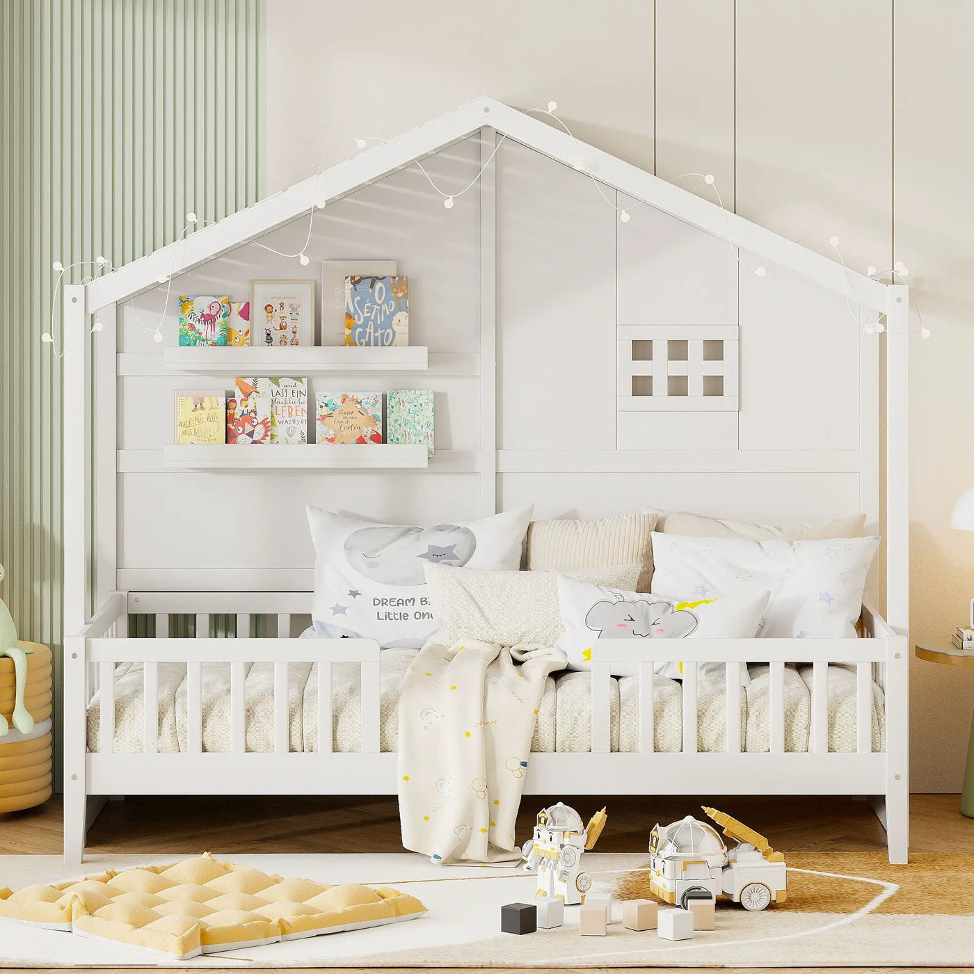 House Bed With Shelves, Window And Sparkling Light Strip On The Roof by Unique Piece Furniture