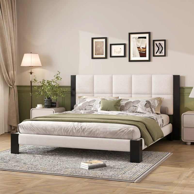 Boucle Cal King Bed Frame with Cube Headboard by HouseOfZazla