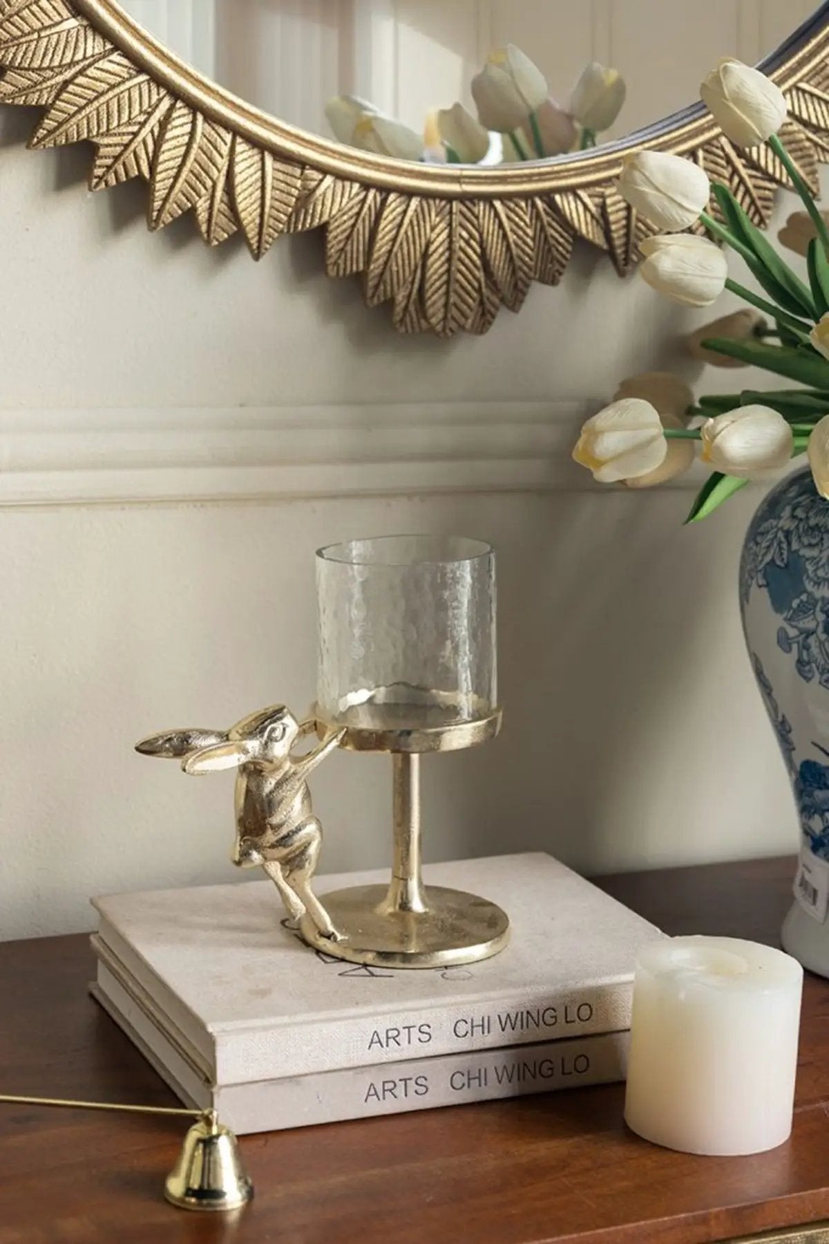 Set of 2 Gold Rabbit Pillar Candle Holders with Clear Glass Hurricane Shade by HouseOfZazla