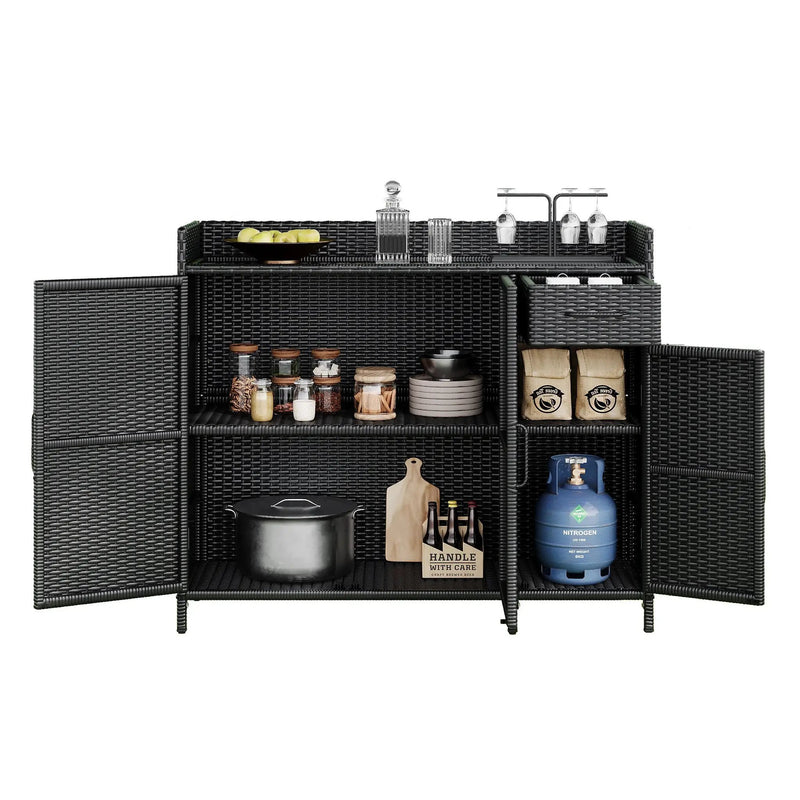 K&K 47.5"W Wicker Outdoor Storage Cabinet with Tempered Glass Top by HouseOfZazla