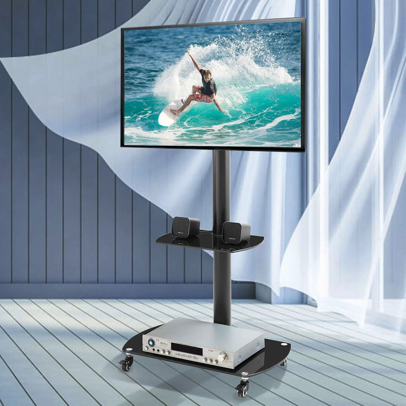 Height And Angle Adjustable Multi-Function Tempered Glass Metal Frame Floor With Lockable Wheels Mobile TV Stand, Lcd / Plasma TV Bracket 2 Tier Tempered Glass Shelves For Multiple Media Devices - Black by Unique Piece Furniture