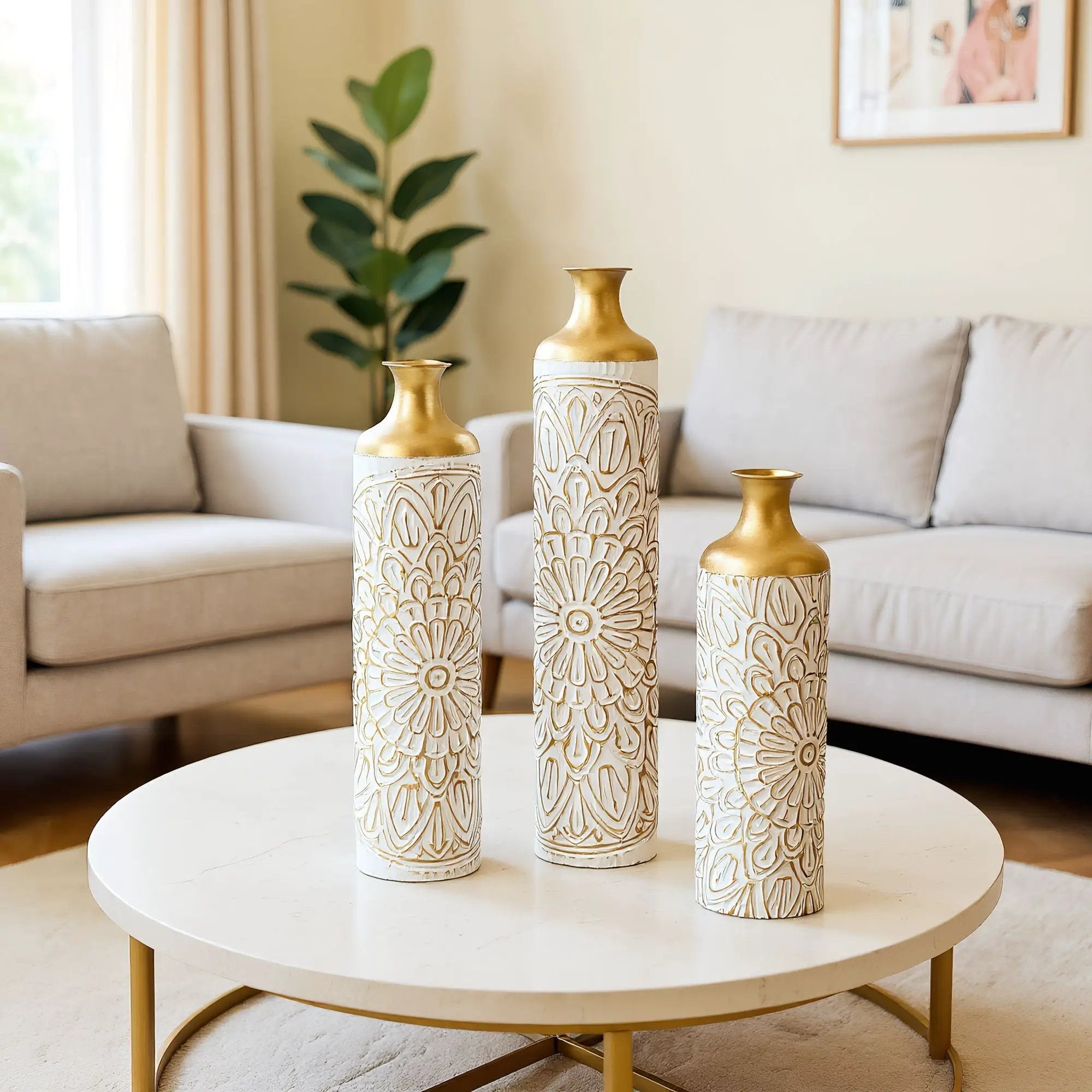 3 Piece Home Decoration Large Glazed Floor Vase Decoration Home Droplet Shaped - Gold / White by Unique Piece Furniture