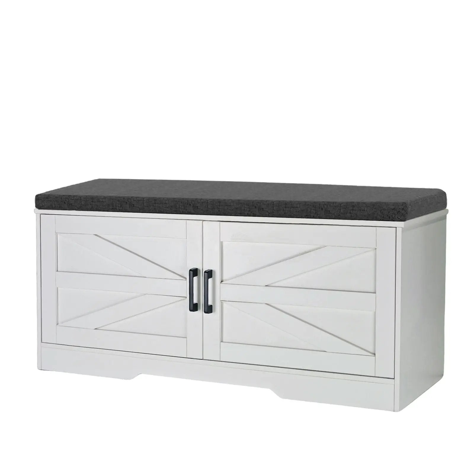 2 Tier Shoe Bench With Padded Seat, 2 Barn Doors And Adjustable Shelves, For Entryway And Living Room - White by Unique Piece Furniture