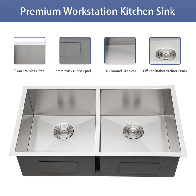 Undermount Double Bowl Kitchen Sink 16 Gauge With 9" Deep Basin - Brushed Nickel by HouseOfZazla