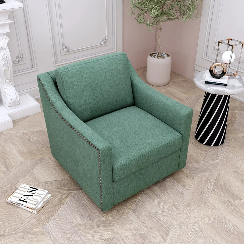 360 Degree Swivel Armchair Cotton Linen Fabric with Brass Nail Detailing by HouseOfZazla