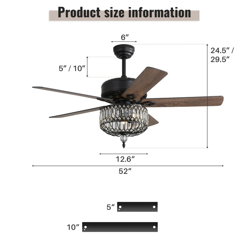 Ceiling Fan With Crystal Lampshade, 5 Blades, DC Motor, 6 Speed Remote Control, 1 / 4 / 8 Hour Timer - Black by HouseOfZazla