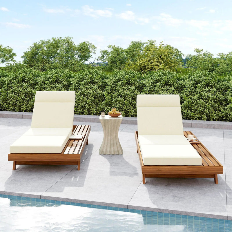 Acacia Wood Lounge Chaise Set With Headrest And Water Resistant Cushions - Beige by HouseOfZazla