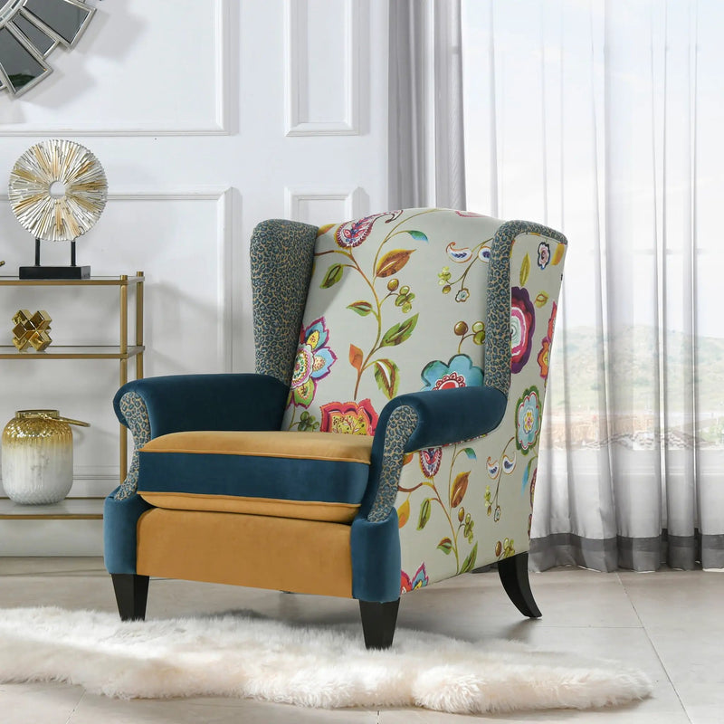 Anya - Boho Chic Wingback Accent Arm Chair - Floral / Leopard / Blue Teal / Yellow Gold by Unique Piece Furniture